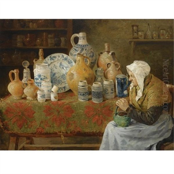 An Earthenware Store With A Lady Seated Oil Painting by Joseph Leopold Ratinckx