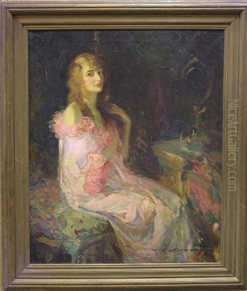 Woman In A Pink Robe Oil Painting by Walter G. Ratterman