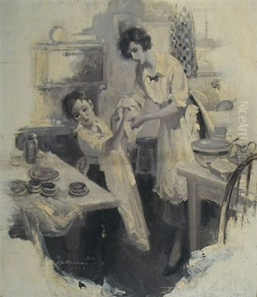 Boy Drying His Hands With Mother's Help While Helping In The Kitchen (illus. For Pictorial Review?) Oil Painting by Walter G. Ratterman