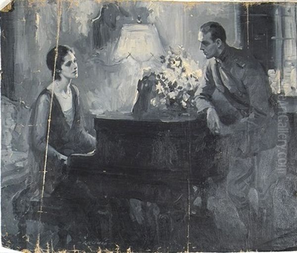 Woman At Piano Speaking To Soldier Oil Painting by Walter G. Ratterman