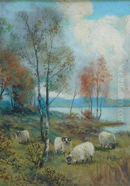 Sheep Grazing By A Highland Loch Oil Painting by Alexander Wellwood Rattray