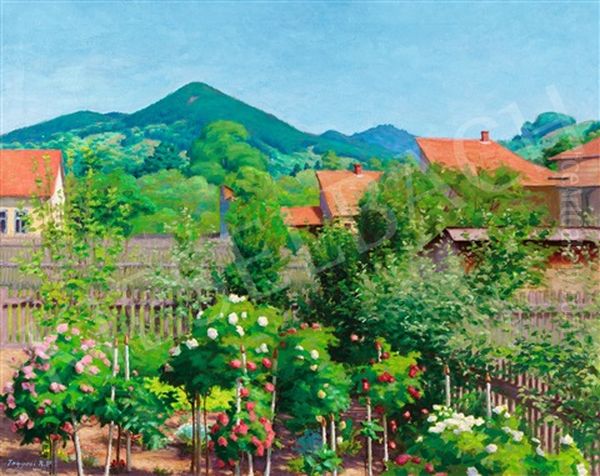 Sunlit Garden In Nagybanya With The Kereszthegy Oil Painting by Peter Ratz