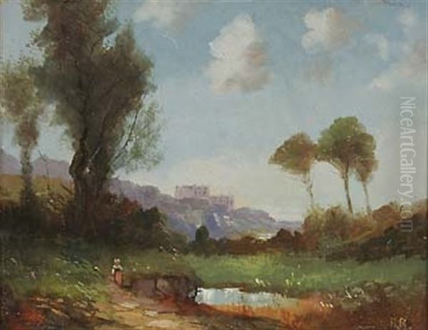 Italienische Landschaft, Im Hintergrund Eine Auf Einem Felsen Gelegene Stadt Oil Painting by Hellmuth Raetzer