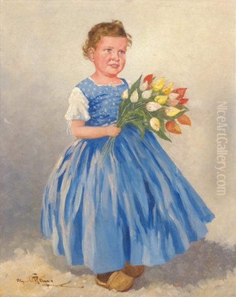 Hollandisches Madchen Mit Tulpenstrauss Oil Painting by Alexander Rau