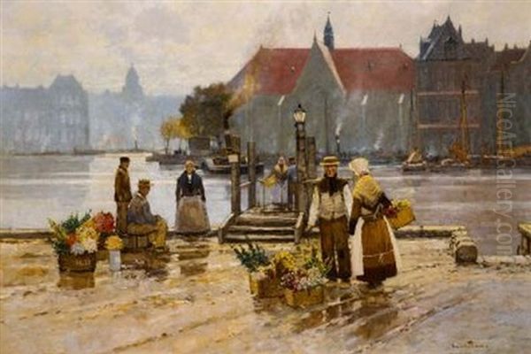 Blumenverkaufer An Der Anlegestelle (den Haag) Oil Painting by Alexander Rau