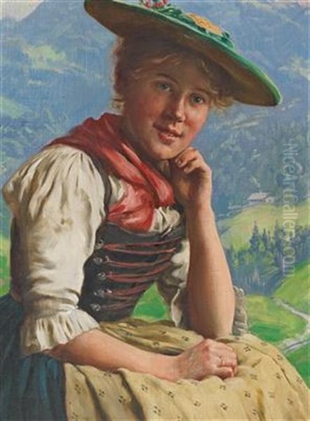 Young Lass Set Against A Landscape Oil Painting by Emil Rau