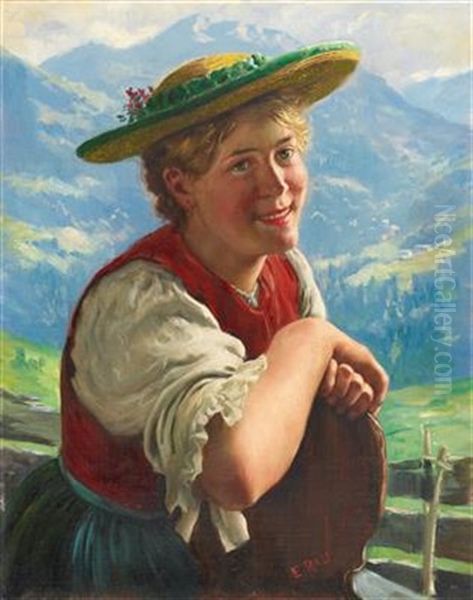 Young Lass Smiling Oil Painting by Emil Rau