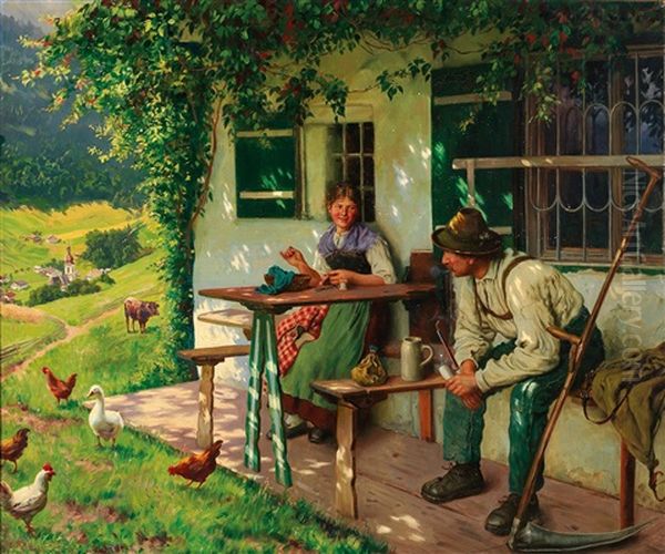 Young Farming Couple In Upper Bavaria Oil Painting by Emil Rau