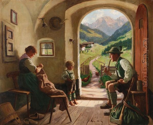 Idyllic Family Scene Oil Painting by Emil Rau