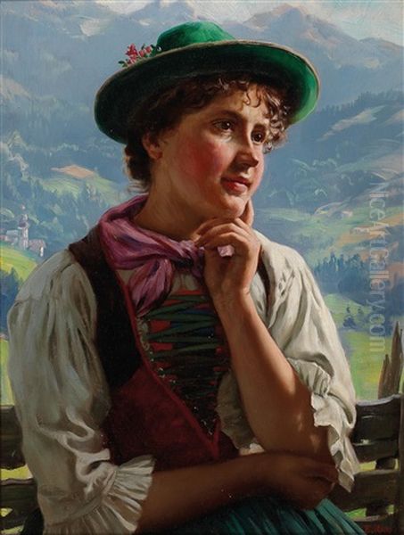 Girl In Traditional Costume In An Alpine Landscape Oil Painting by Emil Rau