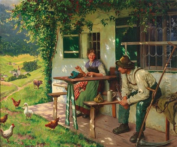 Young Farming Couple In Upper Bavaria Oil Painting by Emil Rau