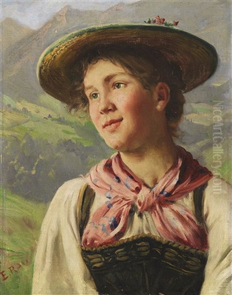 Madchen In Alpenlandischer Tracht Oil Painting by Emil Rau