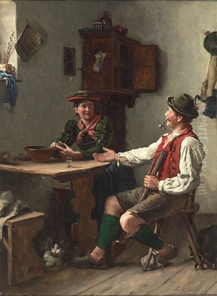 Ein Jager Bei Der Brautwerbung In Landlicher Stube Oil Painting by Emil Rau