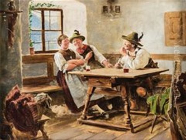 Wer's Glaubt. Beim Weintrinken In Der Bauernstube. Oil Painting by Emil Rau