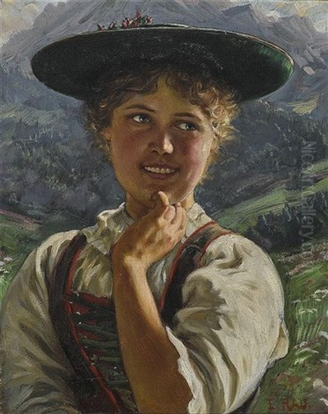 Dirndl In Gebirgslandschaft Oil Painting by Emil Rau