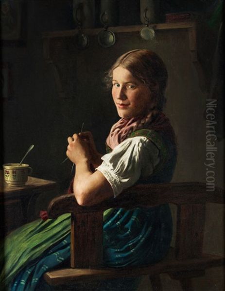 Dirndl Beim Stricken Oil Painting by Emil Rau