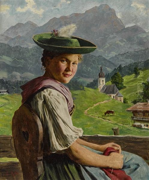 Dirndl Mit Strickzeug Vor Gebirgskulisse Oil Painting by Emil Rau