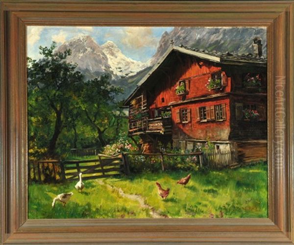 Bauernhaus Mit Gansen Und Huhnern Im Vorgarten Oil Painting by Emil Rau