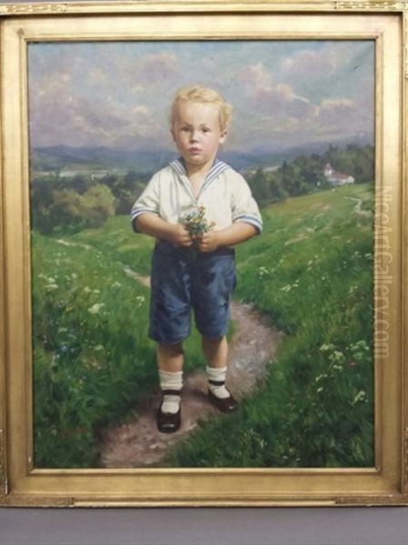 Portrait Of A Boy Outside Holding Flowers Oil Painting by Emil Rau