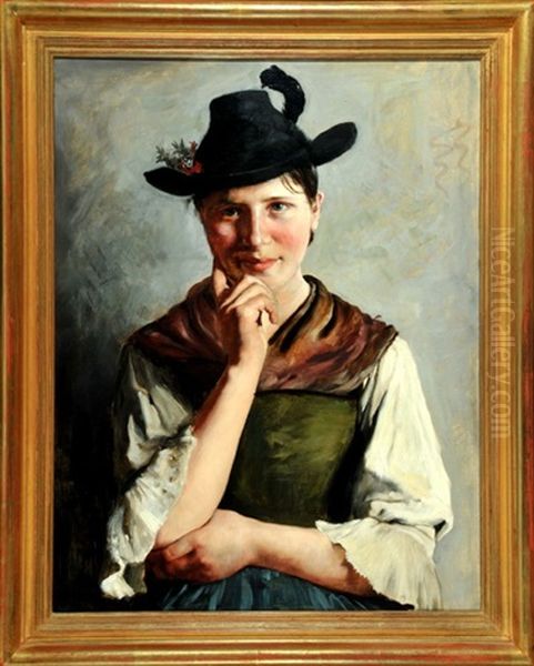 Halbportrait Einer Jungen Frau Im Dirndl Und Mit Trachtenhut Oil Painting by Emil Rau