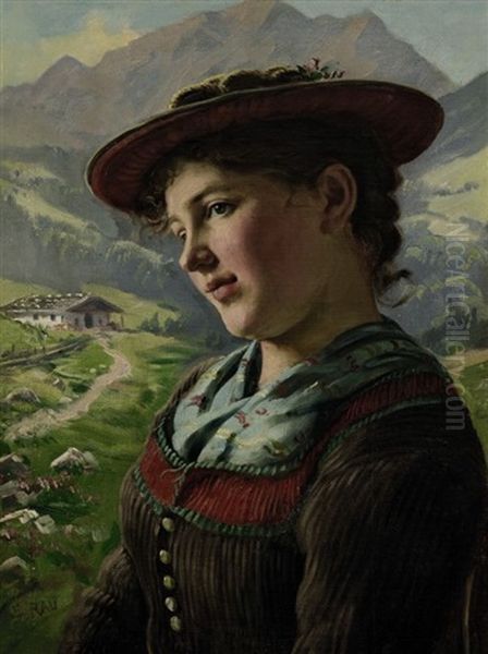 Dirndl Vor Berglandschaft Oil Painting by Emil Rau