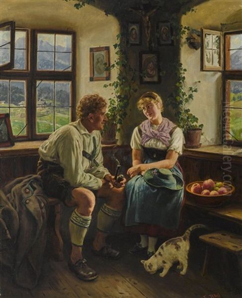 Bursch Und Dirndl Im Herrgottswinkel Oil Painting by Emil Rau