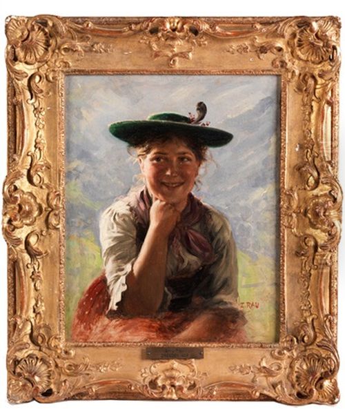 Portrait Einer Jungen Bauerin Im Dirndl Oil Painting by Emil Rau