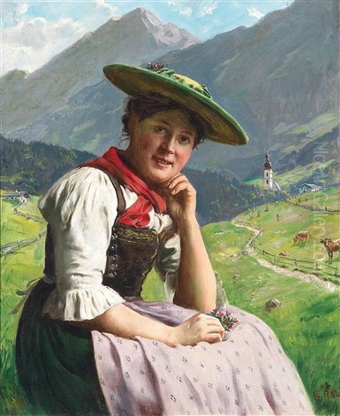 Dirndl Vor Almlandschaft Oil Painting by Emil Rau