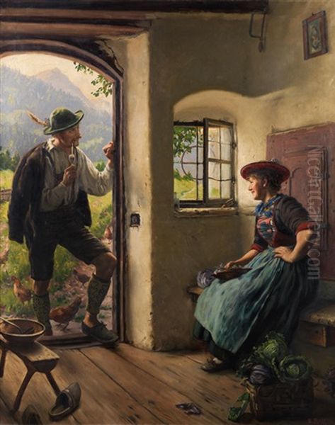 Der Besuch Bei Der Sennerin Oil Painting by Emil Rau