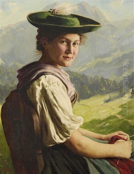 Dirndl Mit Strickzeug Oil Painting by Emil Rau