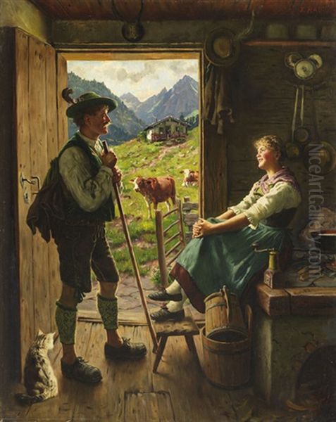 Besuch Auf Der Alm Oil Painting by Emil Rau