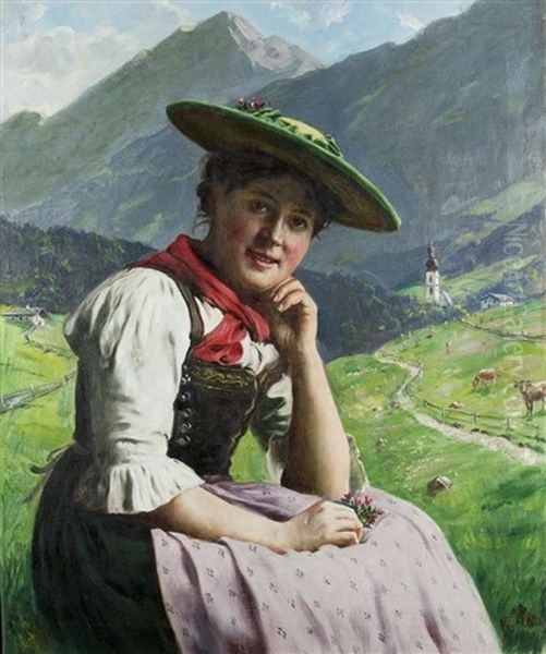 Bauerndirndl Vor Berglandschaft Oil Painting by Emil Rau