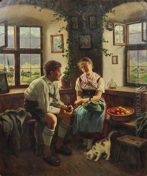 Bursche Und Madel In Alpenlandischem Internieuer Oil Painting by Emil Rau