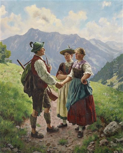 Begegnung Vor Einer Bergkulisse (unterberg Bei Salzburg?) Oil Painting by Emil Rau