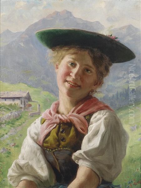 Ein Dirndl Vor Berglandschaft Oil Painting by Emil Rau