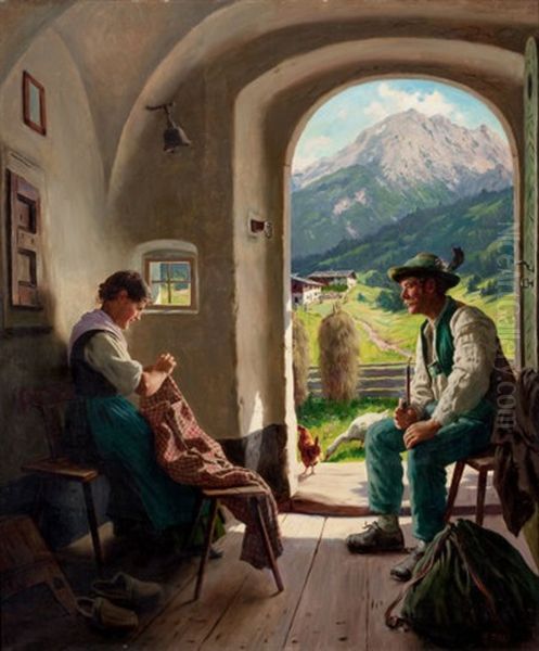 A Conversation Oil Painting by Emil Rau