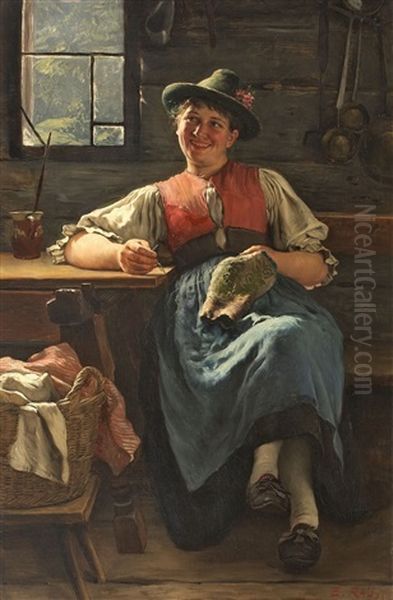 Bauernstube Mit Junger Frau Beim Nahen Oil Painting by Emil Rau