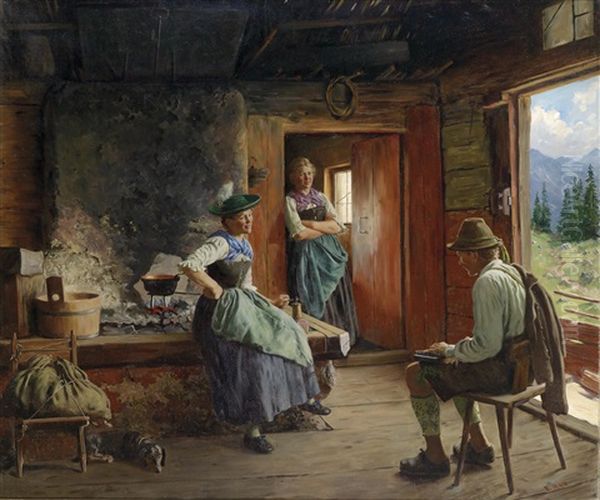 Besuch Auf Der Alm Oil Painting by Emil Rau