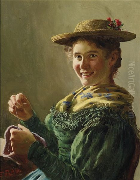 Nahendes Bauerndirndl Oil Painting by Emil Rau