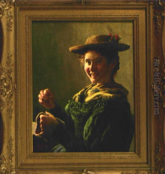 Lachelnde Junge Frau In Bayrischer Tracht Beim Nahen Oil Painting by Emil Rau