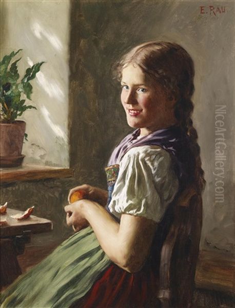 Dirndl Am Fenster Oil Painting by Emil Rau