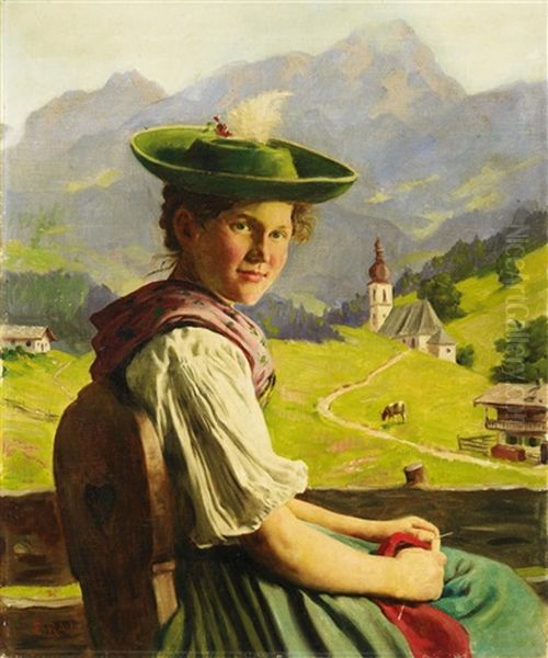 Portrat Eines Strickenden Madchens Vor Der Kulisse Eines Alpentals Oil Painting by Emil Rau