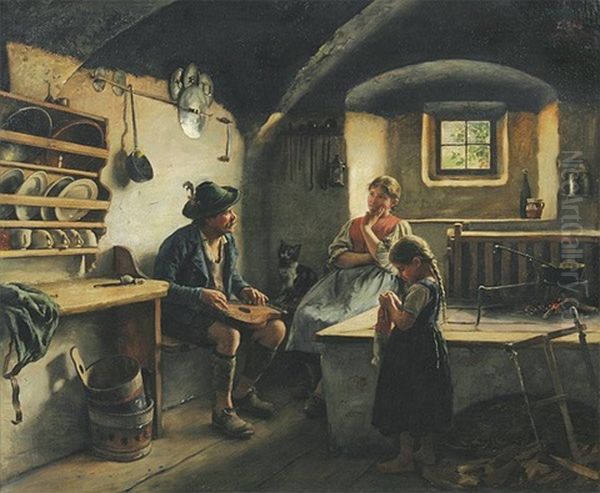 Musestunde. Bauernstube Mit Zitherspieler, Lauschender Frau Und Strickendem Madchen Neben Feuerstelle Oil Painting by Emil Rau