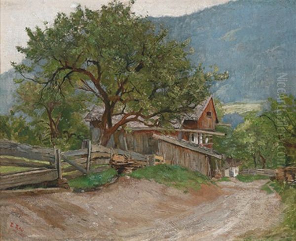 Oberbayerische Landschaftsstudie Mit Einem Bauernhaus Oil Painting by Emil Rau