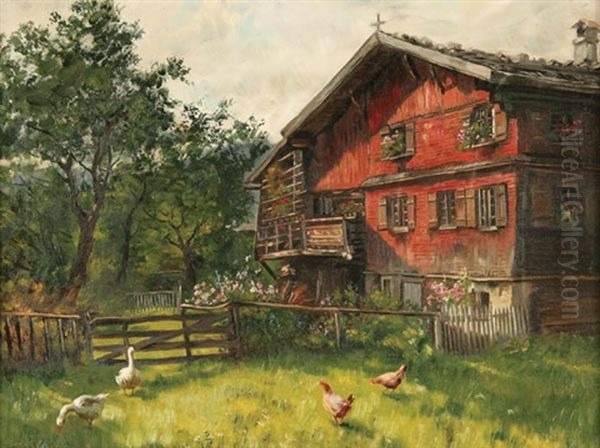 Alpine House With Chickens And Ducks Oil Painting by Emil Rau