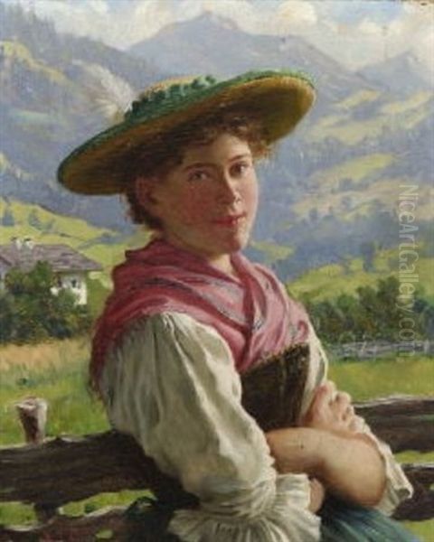 Dirndl Am Zaun In Gebirgslandschaft Oil Painting by Emil Rau