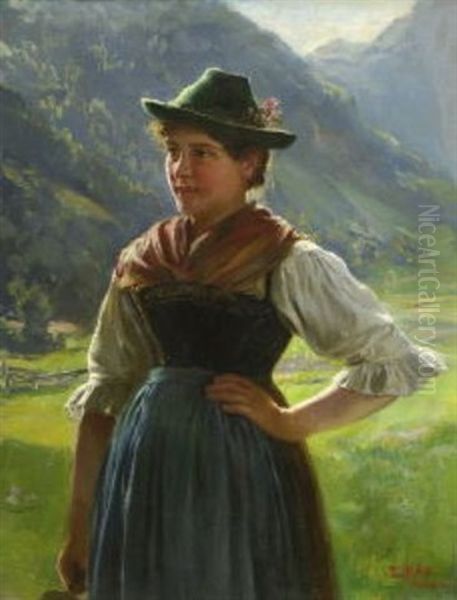 Dirndl In Gebirgslandschaft Oil Painting by Emil Rau