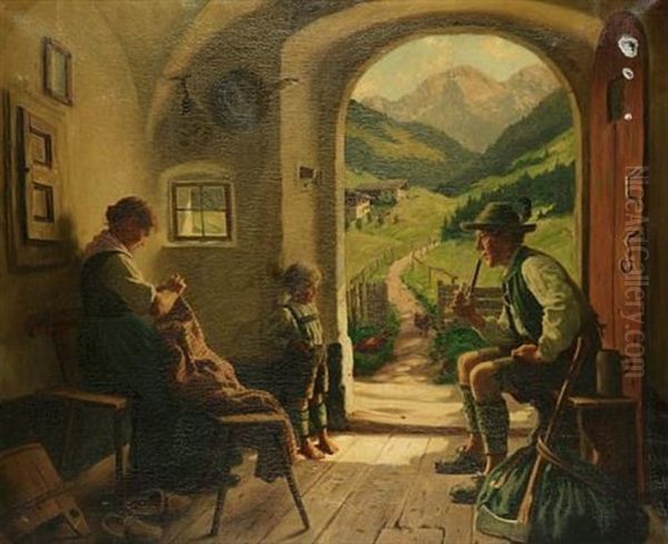 A Family In An Interior With An Extensive Alpine Landscape Beyond Oil Painting by Emil Rau