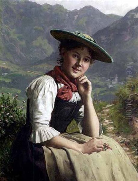 Dirndl In Tracht Vor Alpenlandschaft Oil Painting by Emil Rau