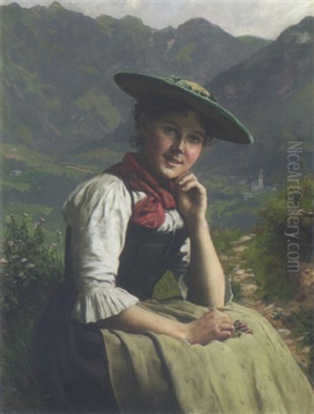 Dirndl In Tracht Vor Alpenlandschaft Oil Painting by Emil Rau